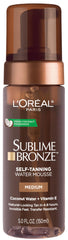L'Oreal Paris Sublime Bronze Water Mousse bottle demonstrates lightweight, streak-free tanning.