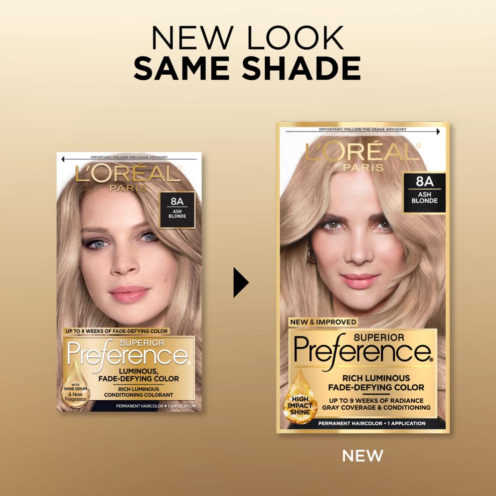 L'Oreal Paris Superior Preference ash blonde 8A color swatch showing luminous shade