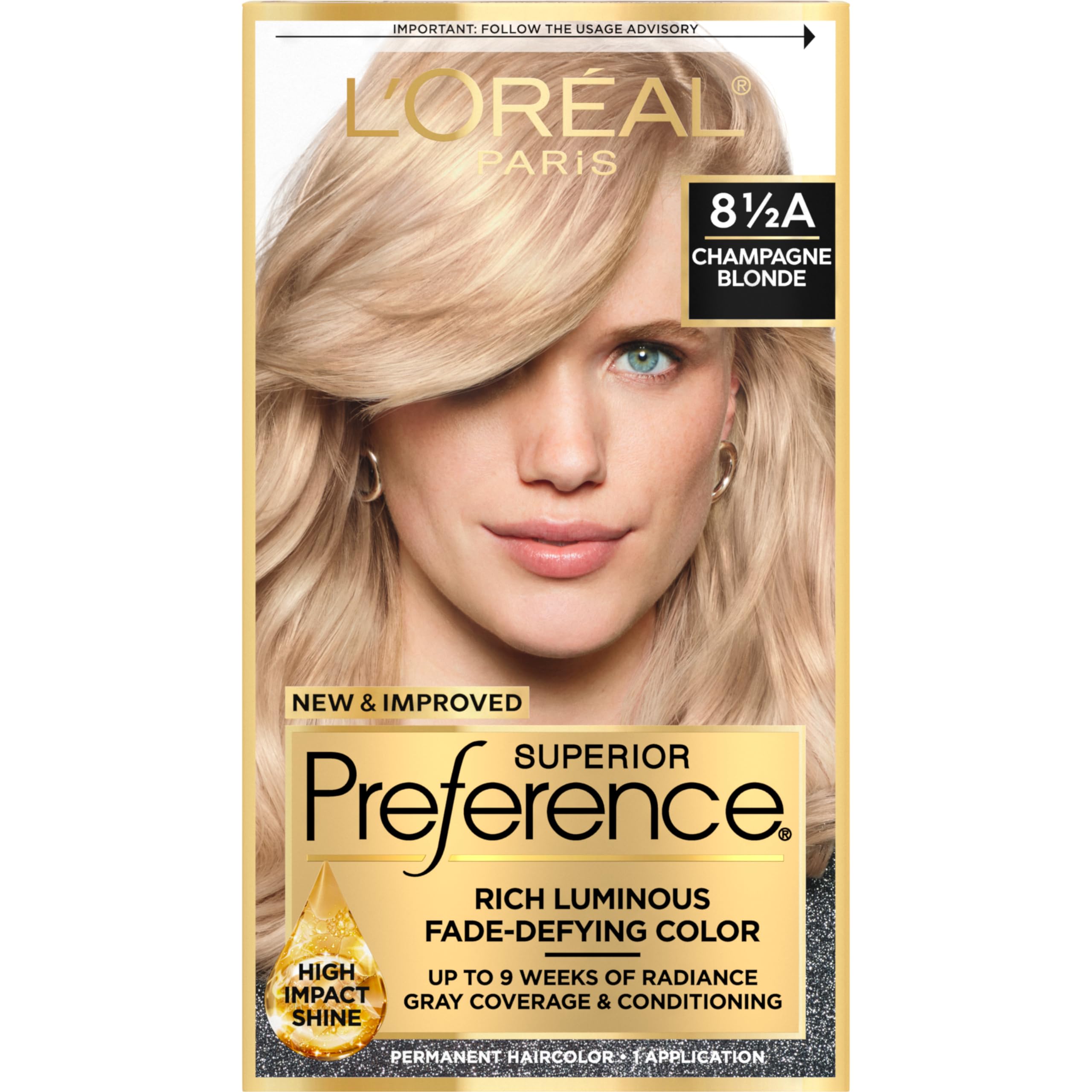 L'Oreal Paris Superior Preference Champagne Blonde 8.5A box shows luminous color and packaging.