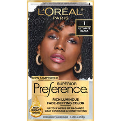 L'Oreal Paris Superior Preference Ultimate Black 1 box front shows fade-defying, radiant color