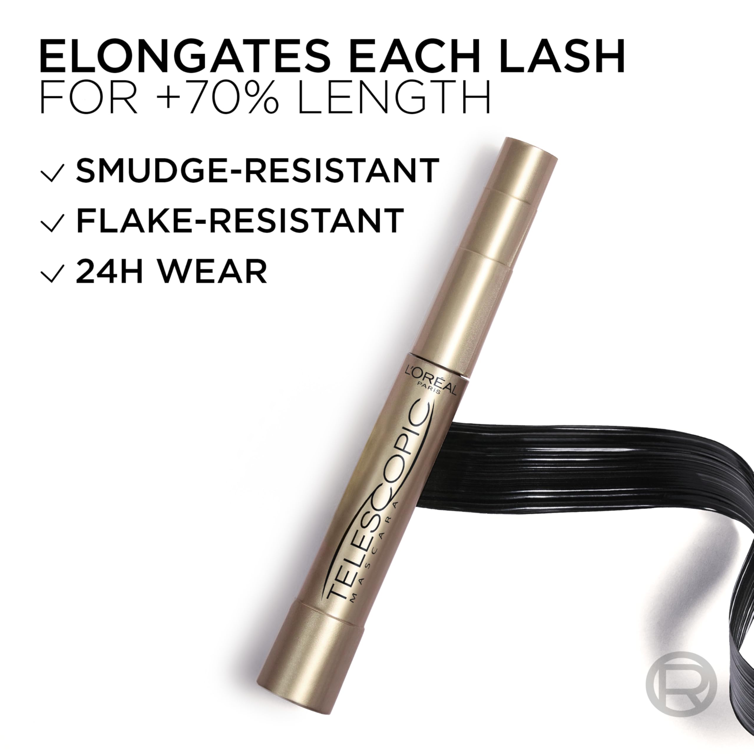 Ophthalmologist-tested and allergy-tested seal on Telescopic mascara packaging.