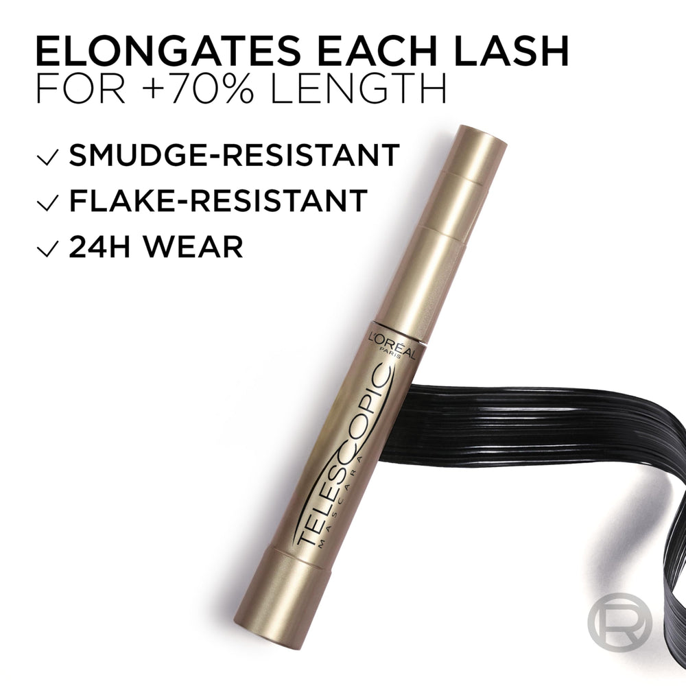 Ophthalmologist-tested and allergy-tested seal on Telescopic mascara packaging.