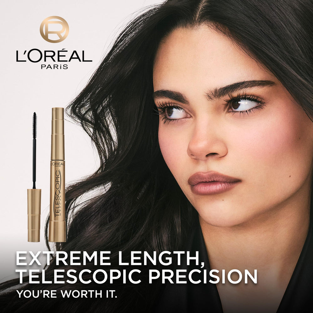 L'Oreal Paris Telescopic Original Mascara precision brush close-up showing dual-lengthening and separating features.