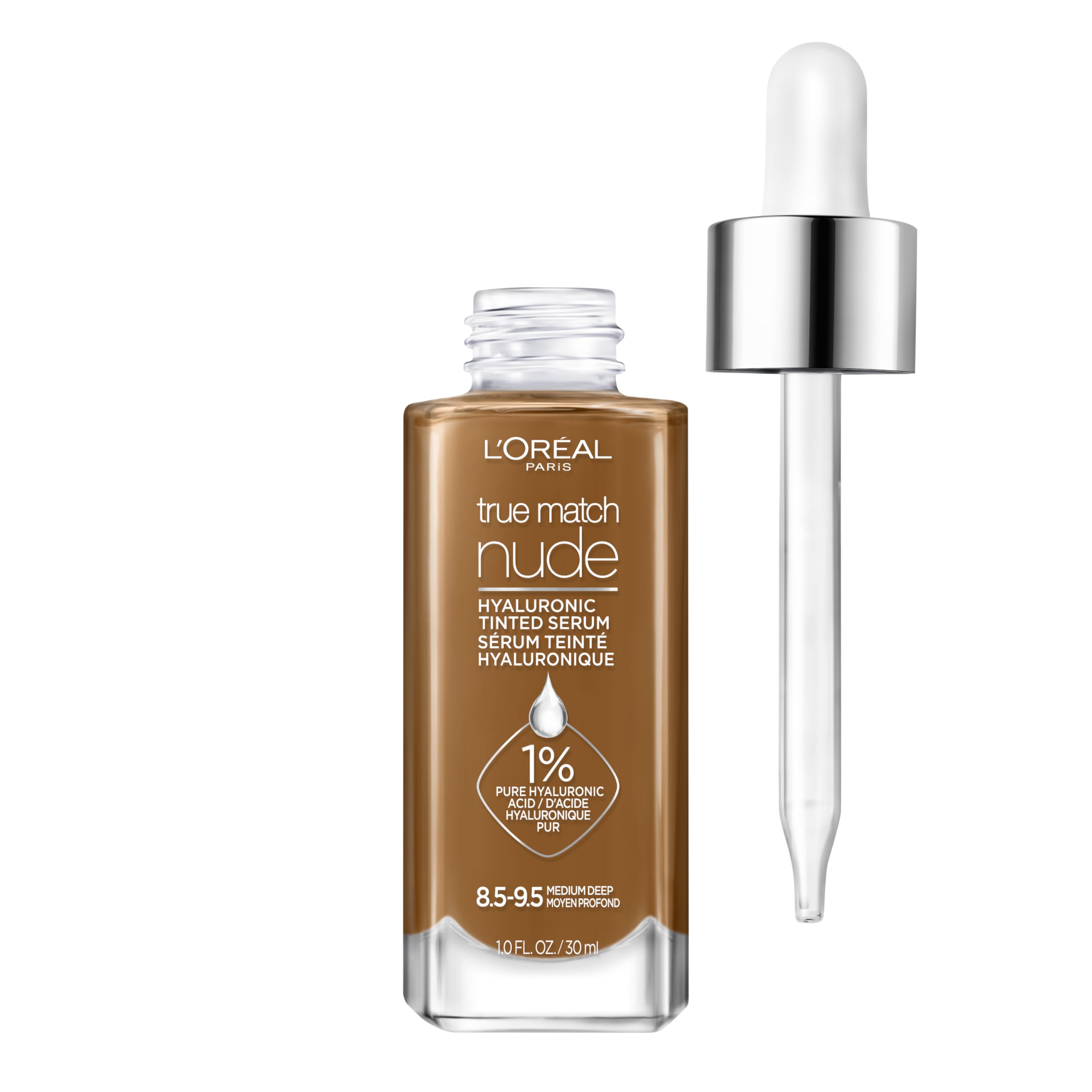 L'Oreal Paris True Match Nude Hyaluronic Serum Foundation bottle front with hydrating tint for dewy skin