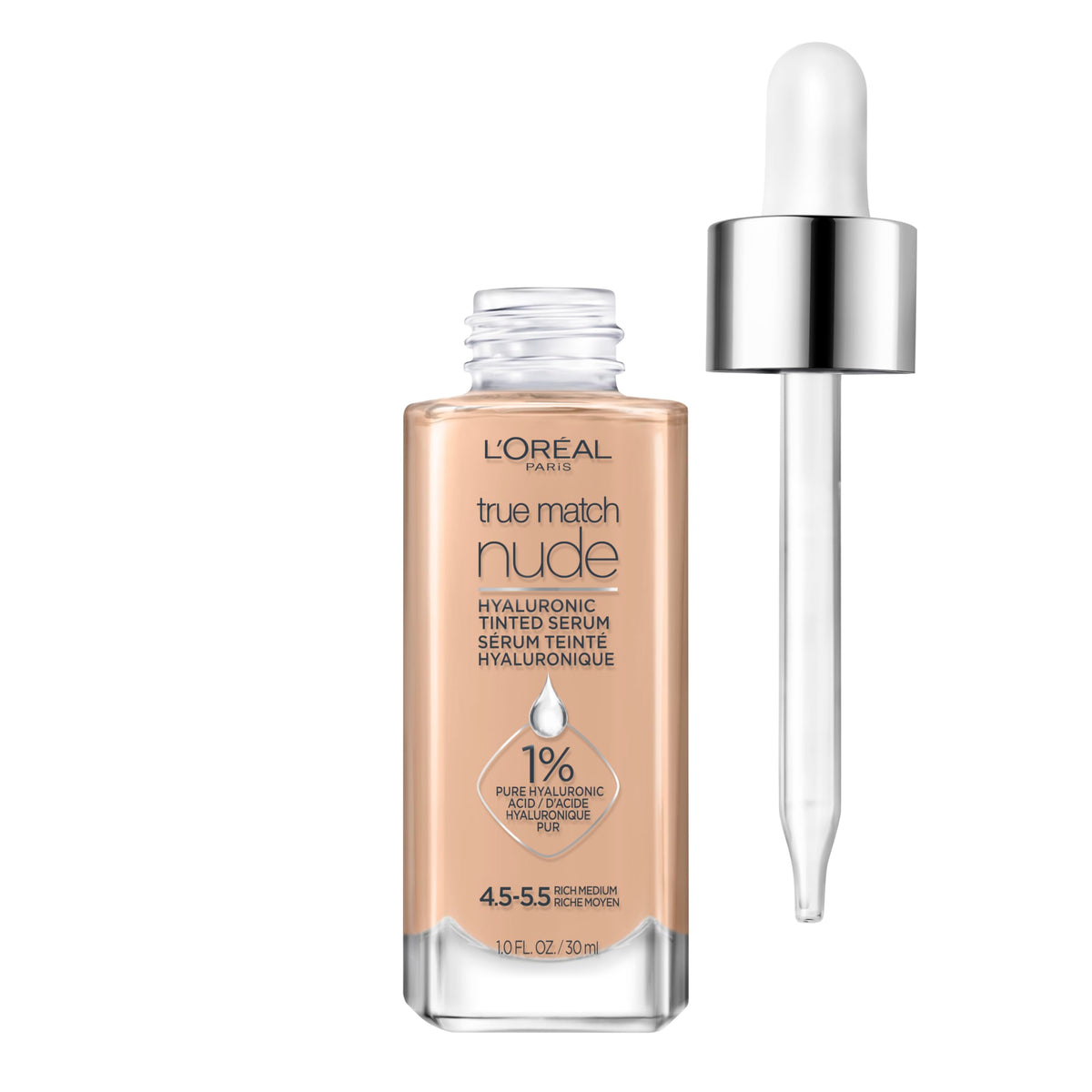 L'Oreal Paris True Match Nude Hyaluronic Serum Foundation bottle for hydrated, radiant skin