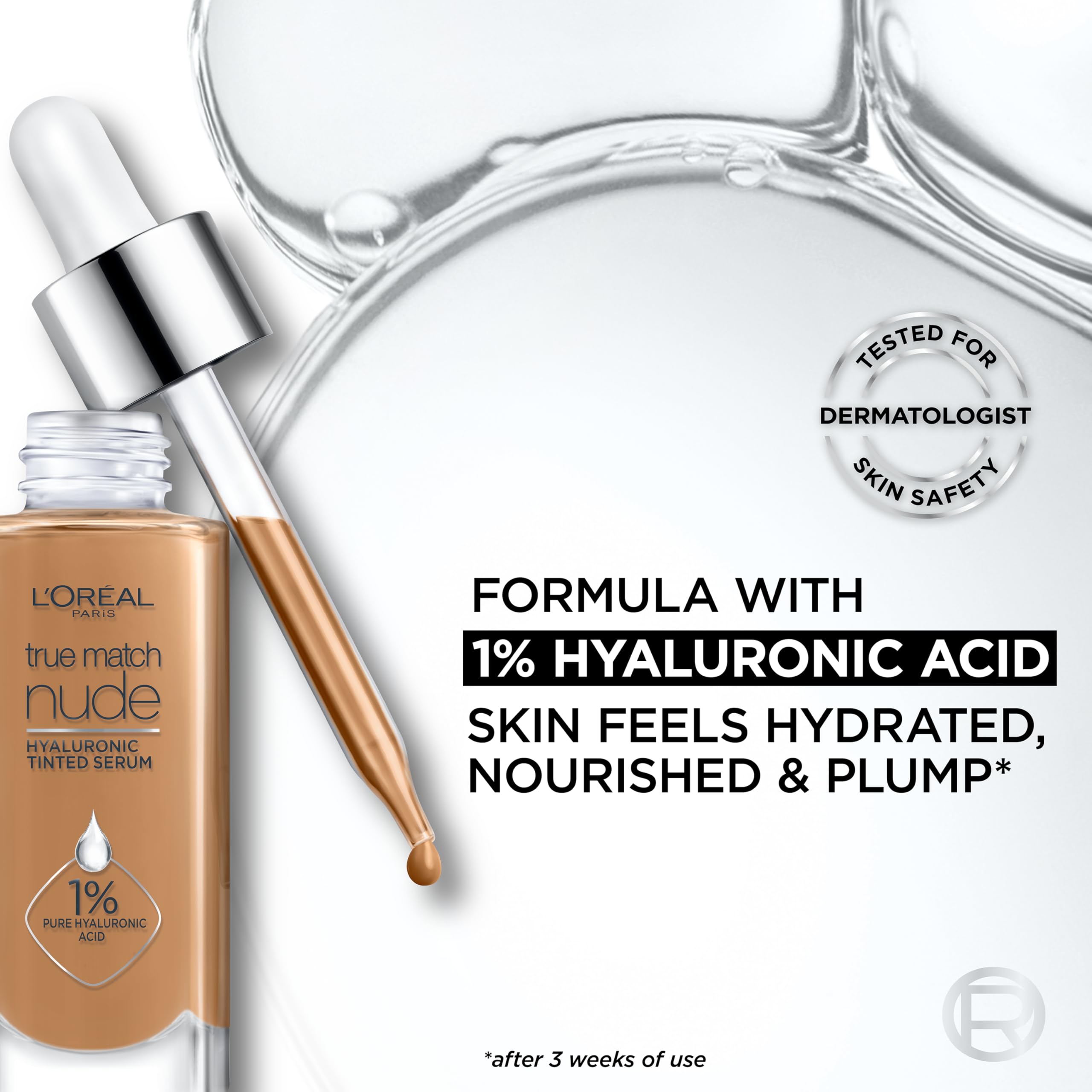 L'Oreal Paris True Match Nude Hyaluronic Serum Foundation swatch on hand demonstrates buildable coverage