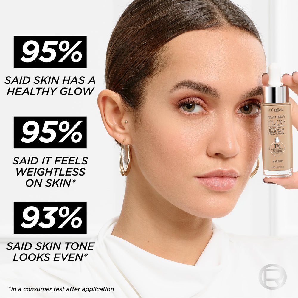 L'Oreal Paris True Match Nude Hyaluronic Serum vegan fragrance-free formula supports everyday wear