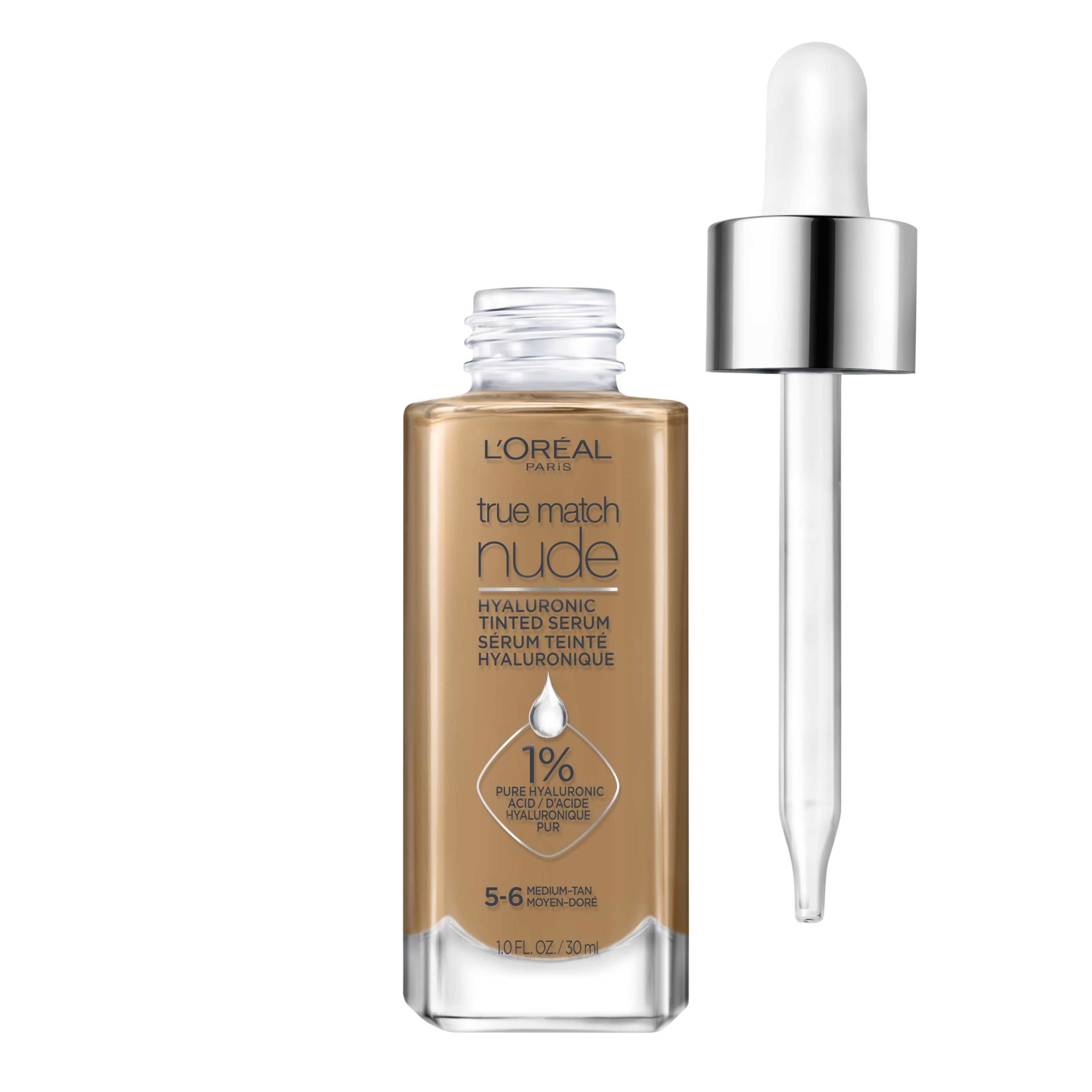 L'Oreal Paris True Match Nude Hyaluronic Tinted Serum Foundation bottle with hydrating glow