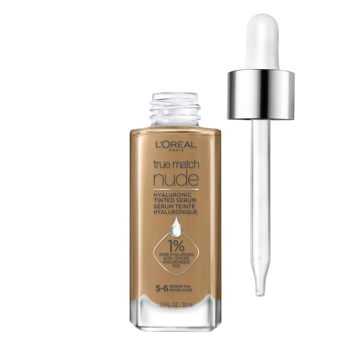 L'Oreal Paris True Match Nude Hyaluronic Tinted Serum Foundation bottle with hydrating glow