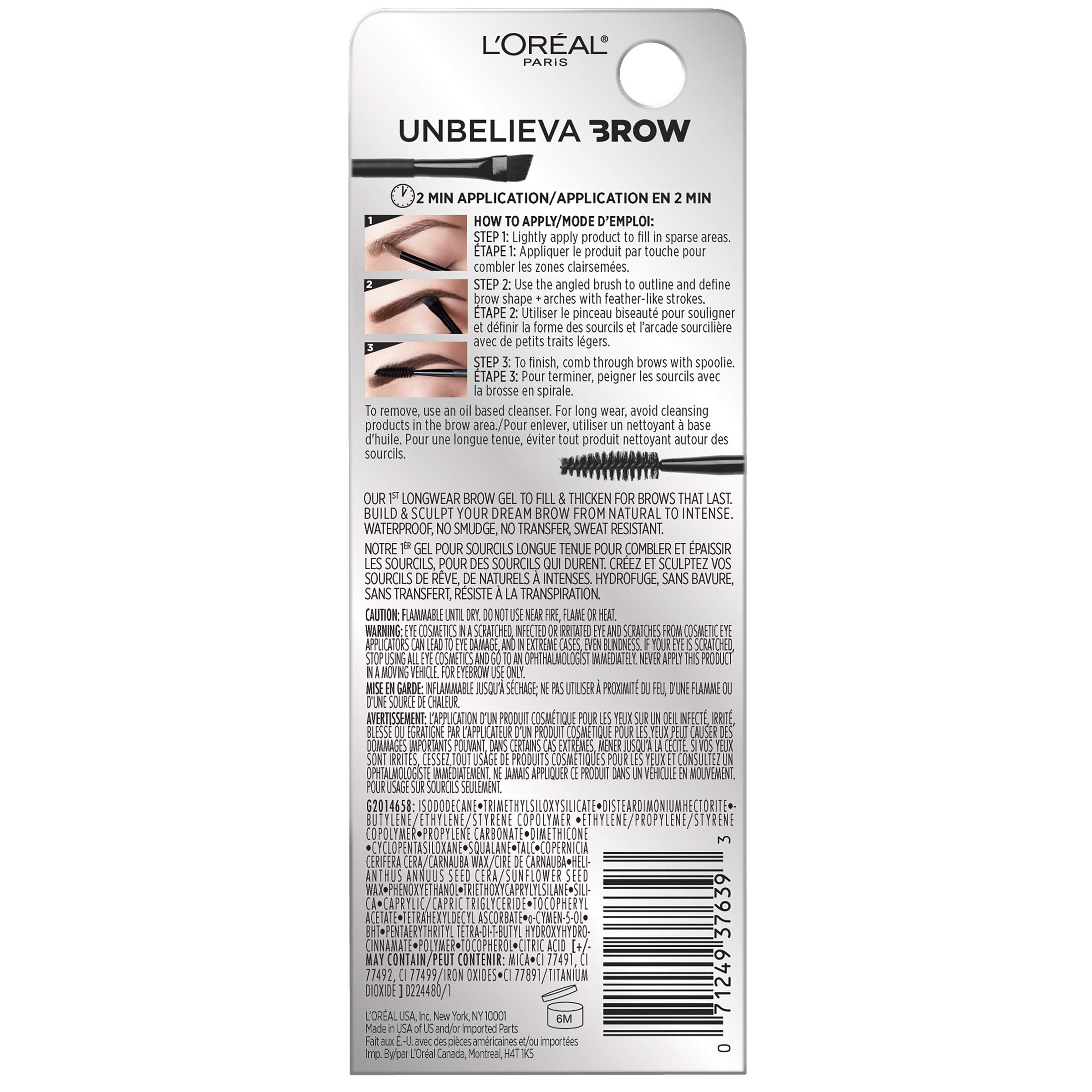 L’Oréal Paris Unbelieva-Brow longwear film seals pigments for a smudge-proof finish.