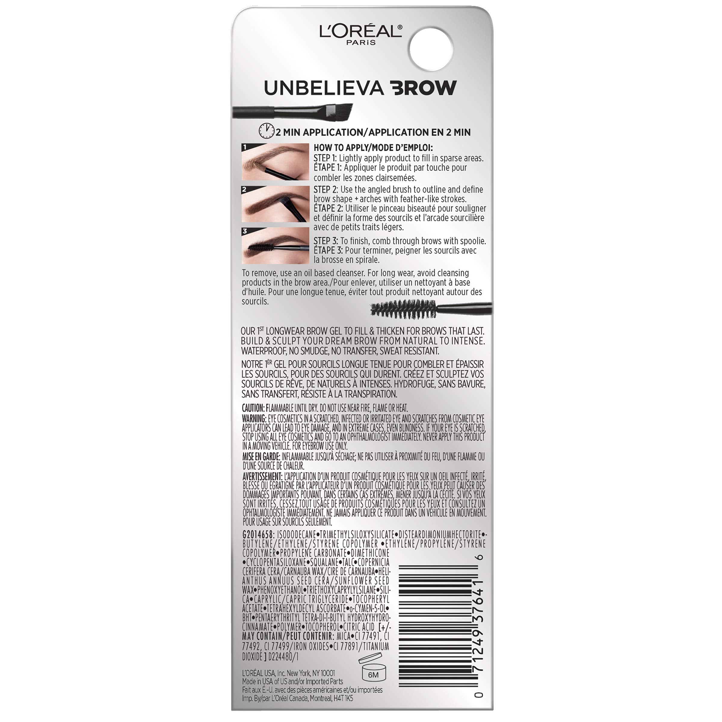 L'Oreal Paris Unbelieva-Brow wand applying waterproof tint onto brow hairs.
