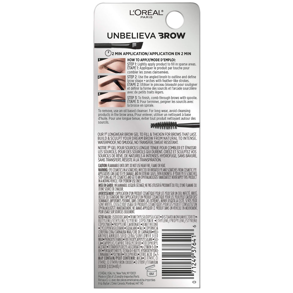 L'Oreal Paris Unbelieva-Brow wand applying waterproof tint onto brow hairs.