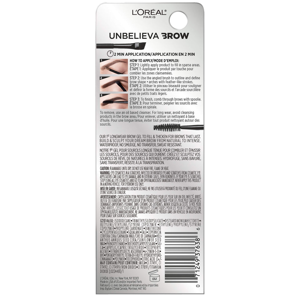 L'Oreal Paris Unbelieva-Brow brow near close-up shows waterproof, transfer-proof finish.