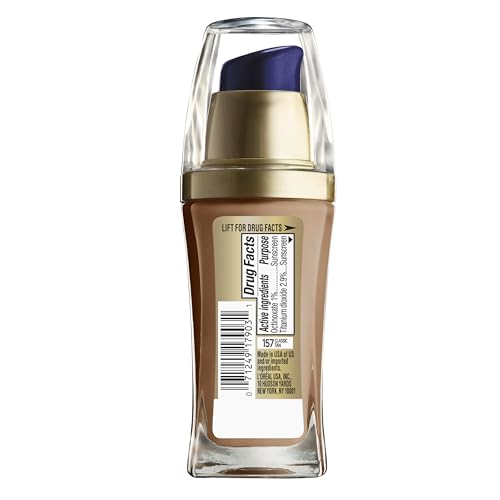 L'Oréal Paris Visible Lift Serum Absolute Foundation Classic Tan swirl demonstrates luminous medium coverage.