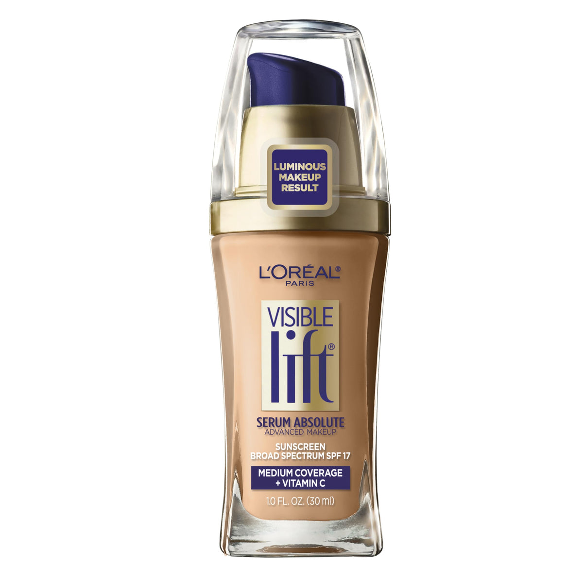 L'Oreal Paris Visible Lift Serum Absolute Foundation Sand Beige bottle delivers radiant, even-toned skin