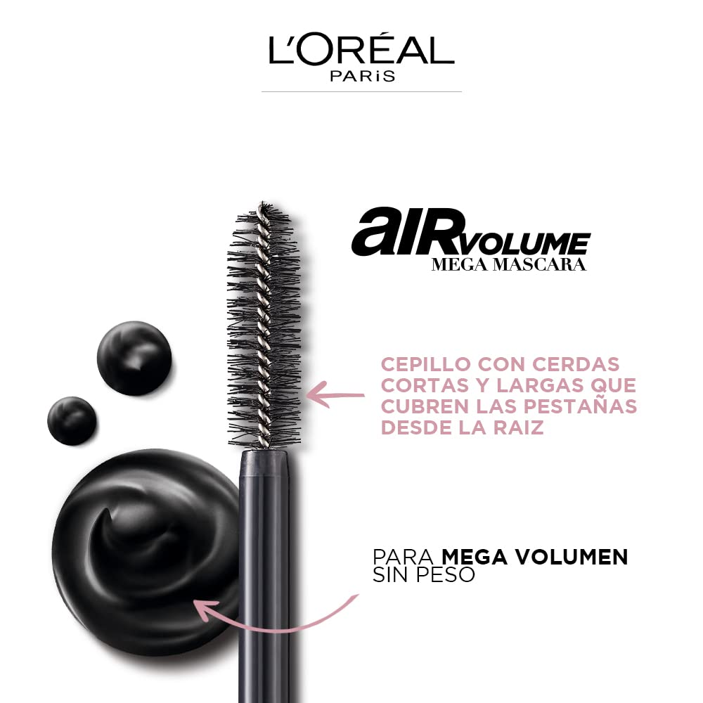 L’Oréal Paris Máscara Mega Volumen de Aire: cepillo de cerdas dobles captura y recubre cada pestaña.