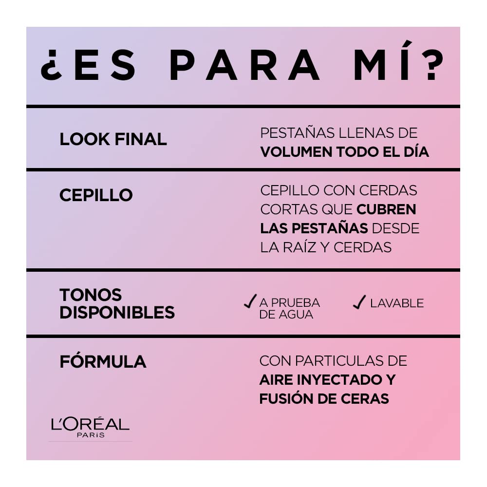 L’Oréal Paris Máscara Mega Volumen de Aire: fórmula ligera que se retira fácilmente con desmaquillante.