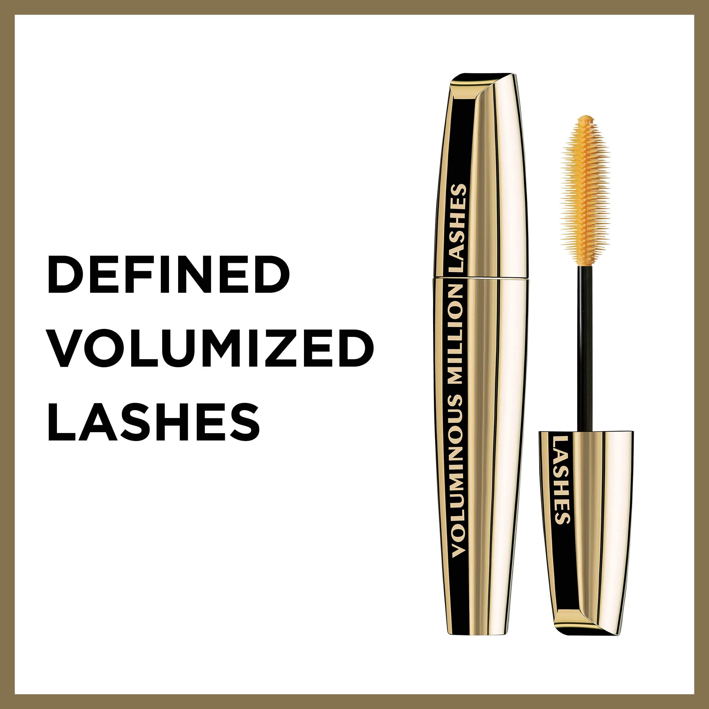 L'Oreal Paris Voluminous Million Lashes Mascara bottle highlights collagen infusion boosting fullness.