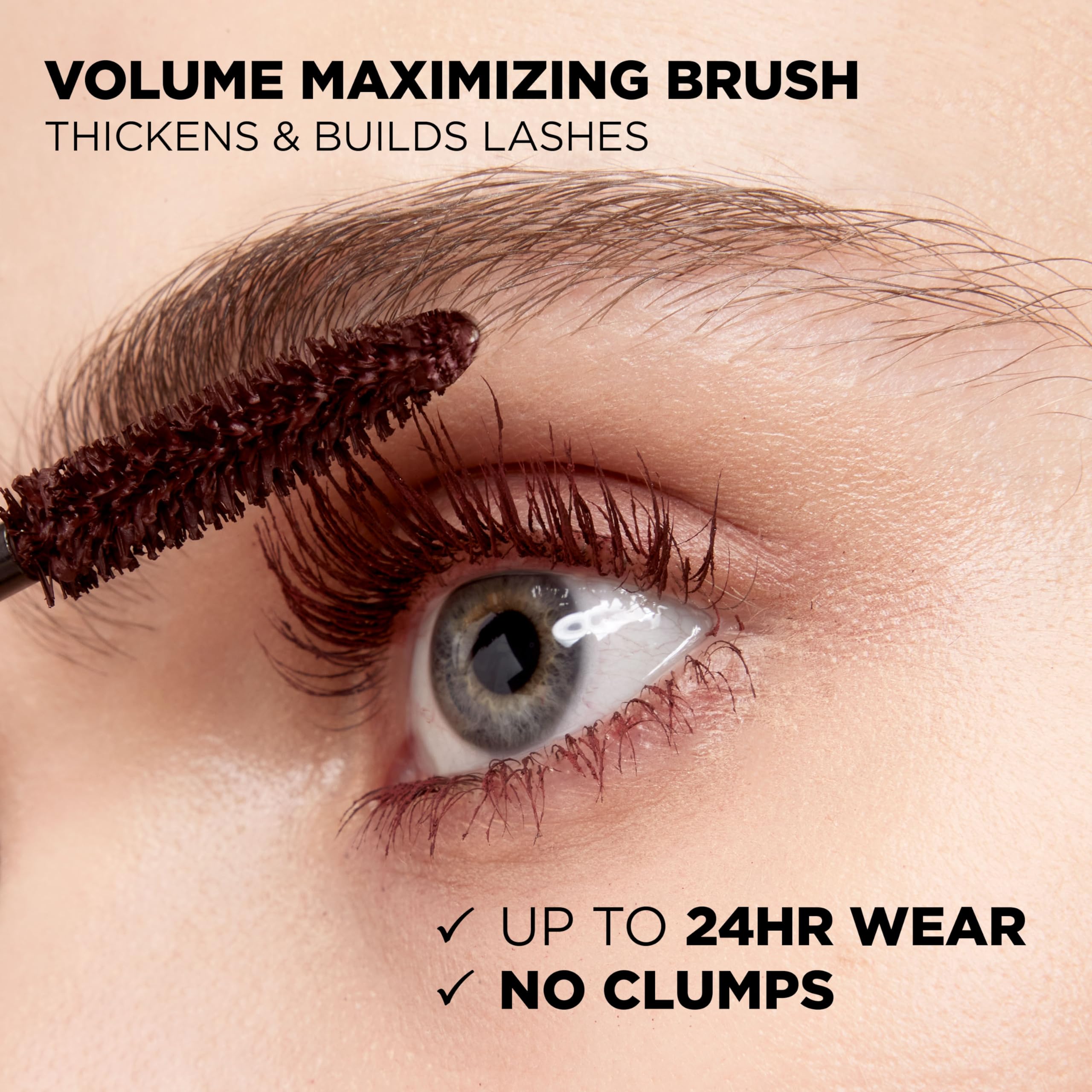 L'Oreal Paris Voluminous Original Mascara application shot demonstrating even coating and 5x thickness potential.