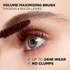 L'Oreal Paris Voluminous Original Mascara application shot demonstrating even coating and 5x thickness potential.