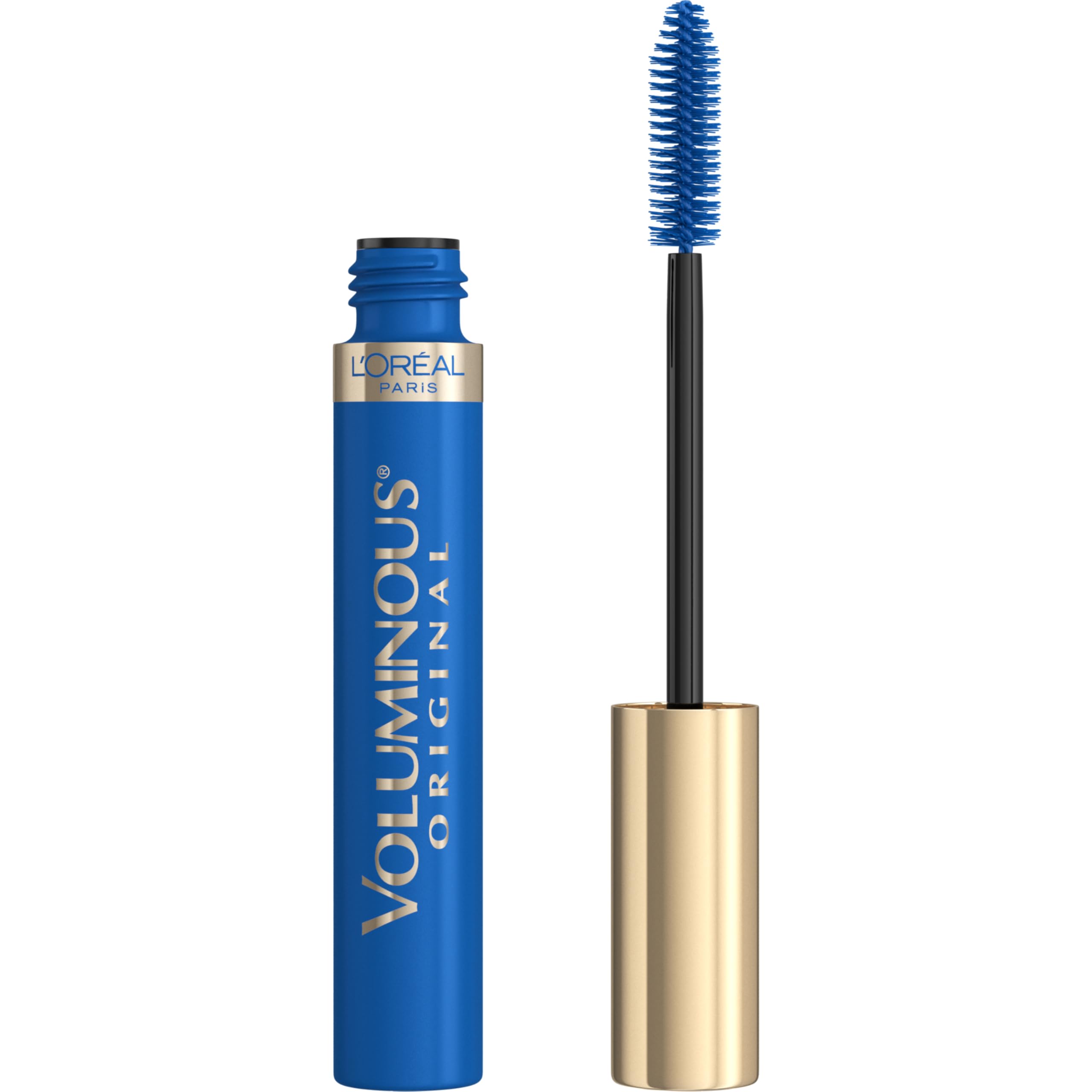 L'Oreal Paris Voluminous Original cobalt blue mascara tube showcasing bold color.