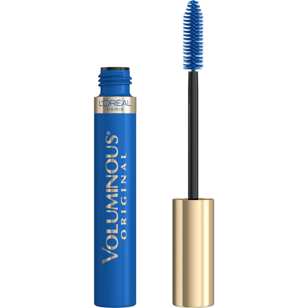L'Oreal Paris Voluminous Original cobalt blue mascara tube showcasing bold color.