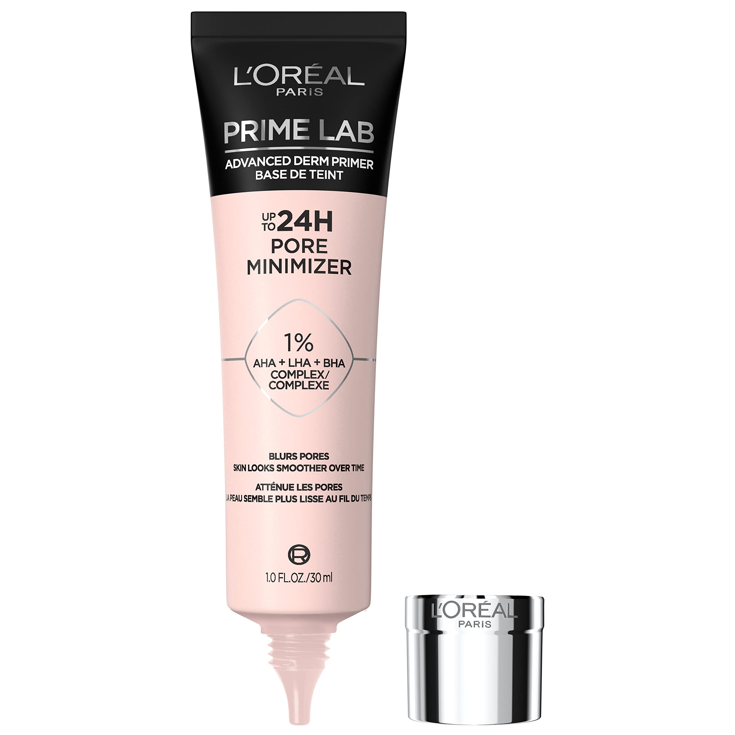 L’Oréal Paris Prime Lab pore minimizer bottle-pump shows refined pores and smooth texture.