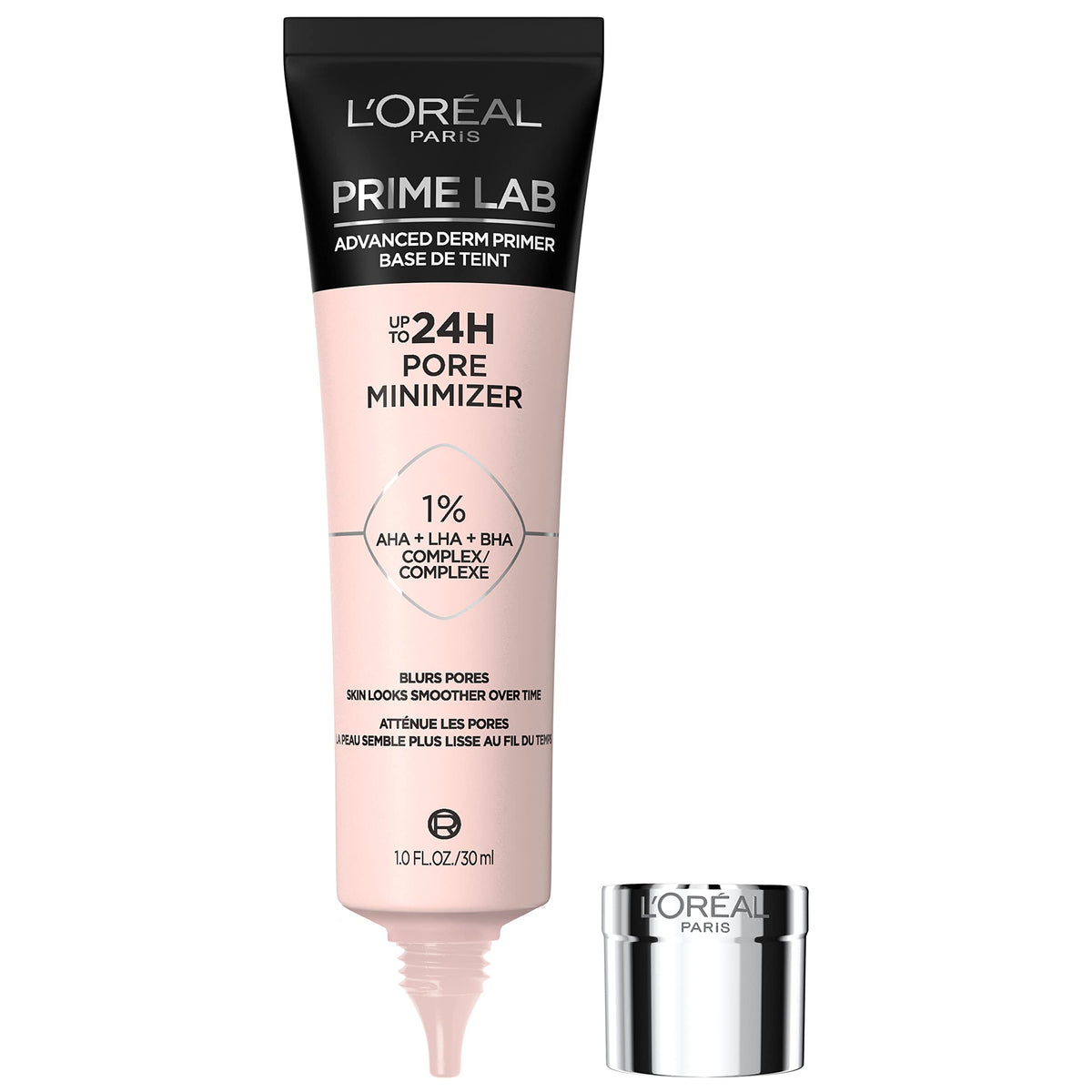 L’Oréal Paris Prime Lab pore minimizer bottle-pump shows refined pores and smooth texture.