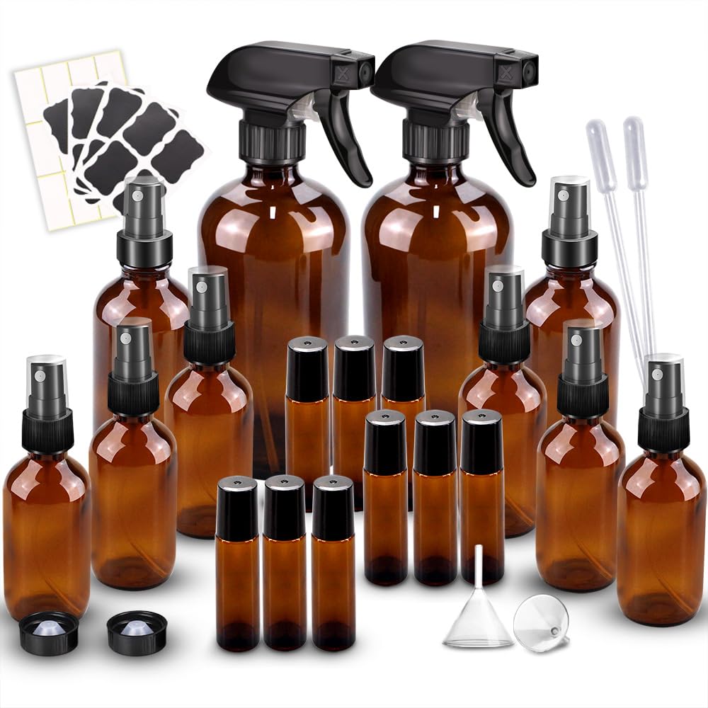 Loretoy amber glass spray bottles 16oz kit protect essential oils from UV light.