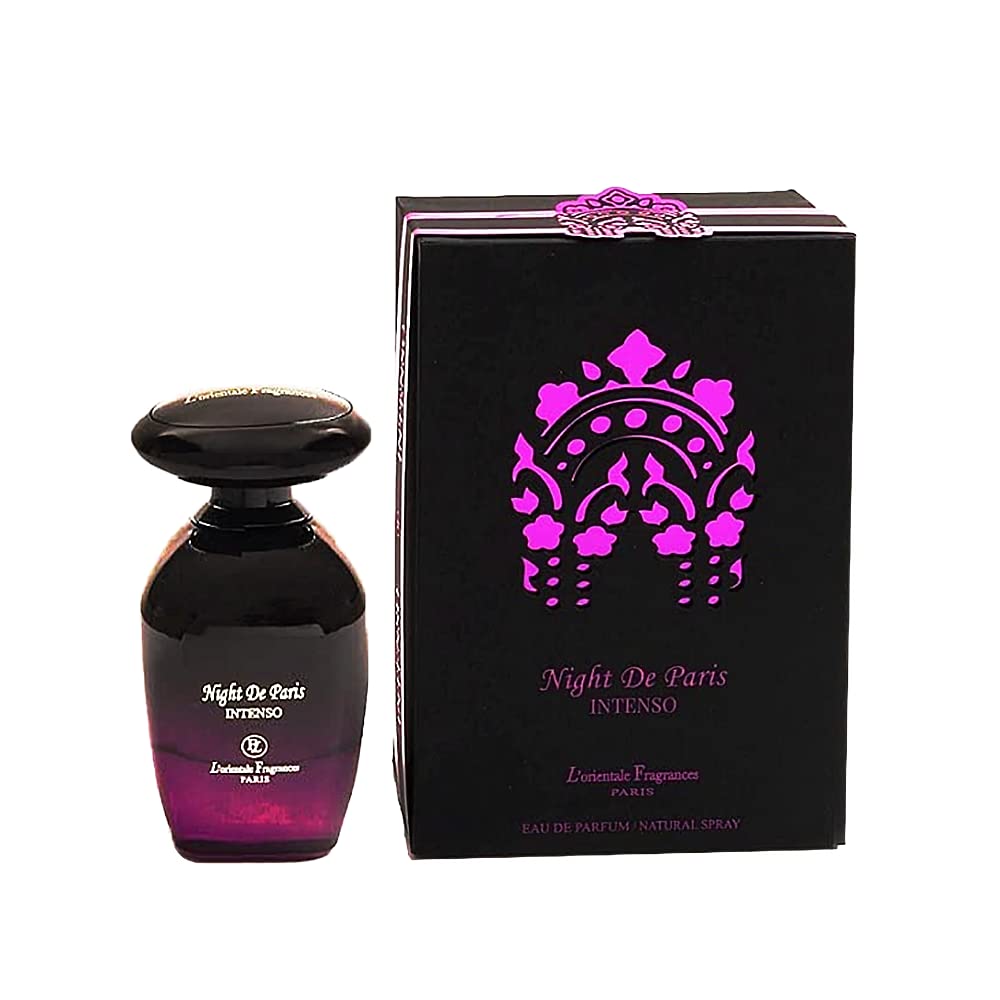 LOrientale Fragrances Night De Paris Intenso bottle close-up for premium evening scent.