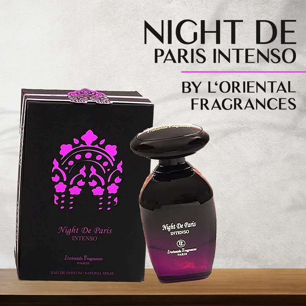 LOrientale Fragrances Night De Paris Intenso engraving adds luxury touch to bottle.