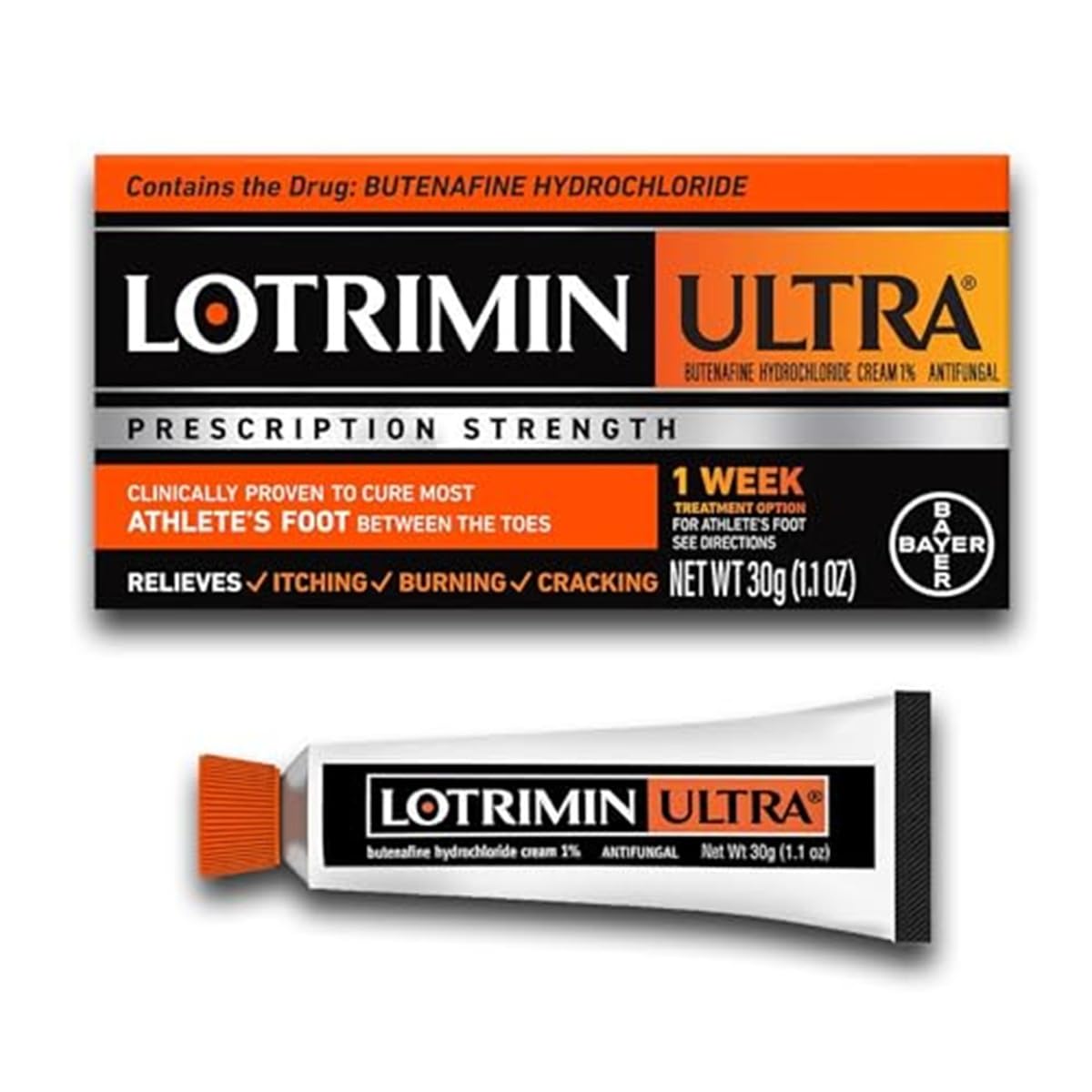 Lotrimin Ultra front packaging showing tube and label, brand for reliable antifungal relief