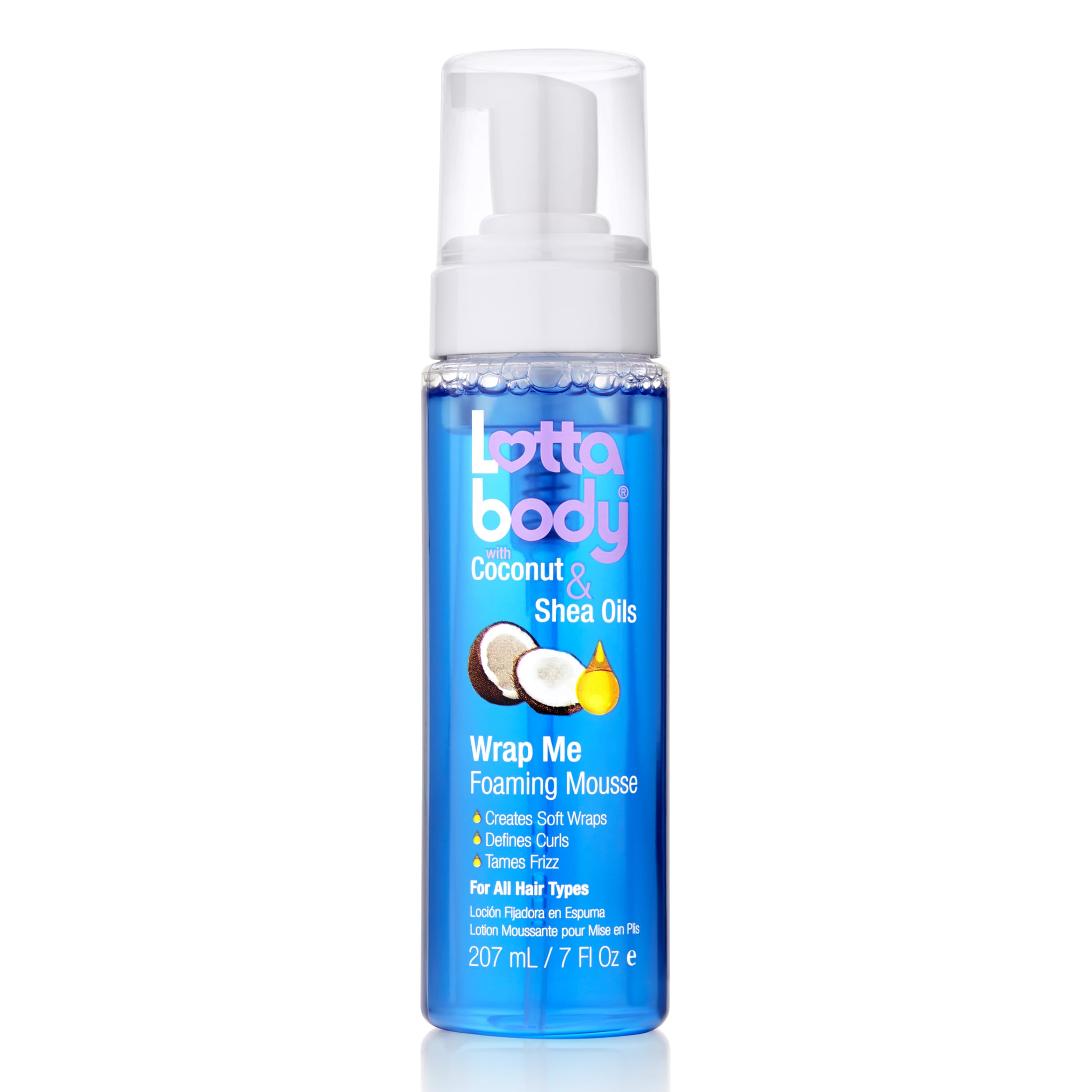 Lottabody Wrap Me mousse bottle shows anti-frizz benefits for curls
