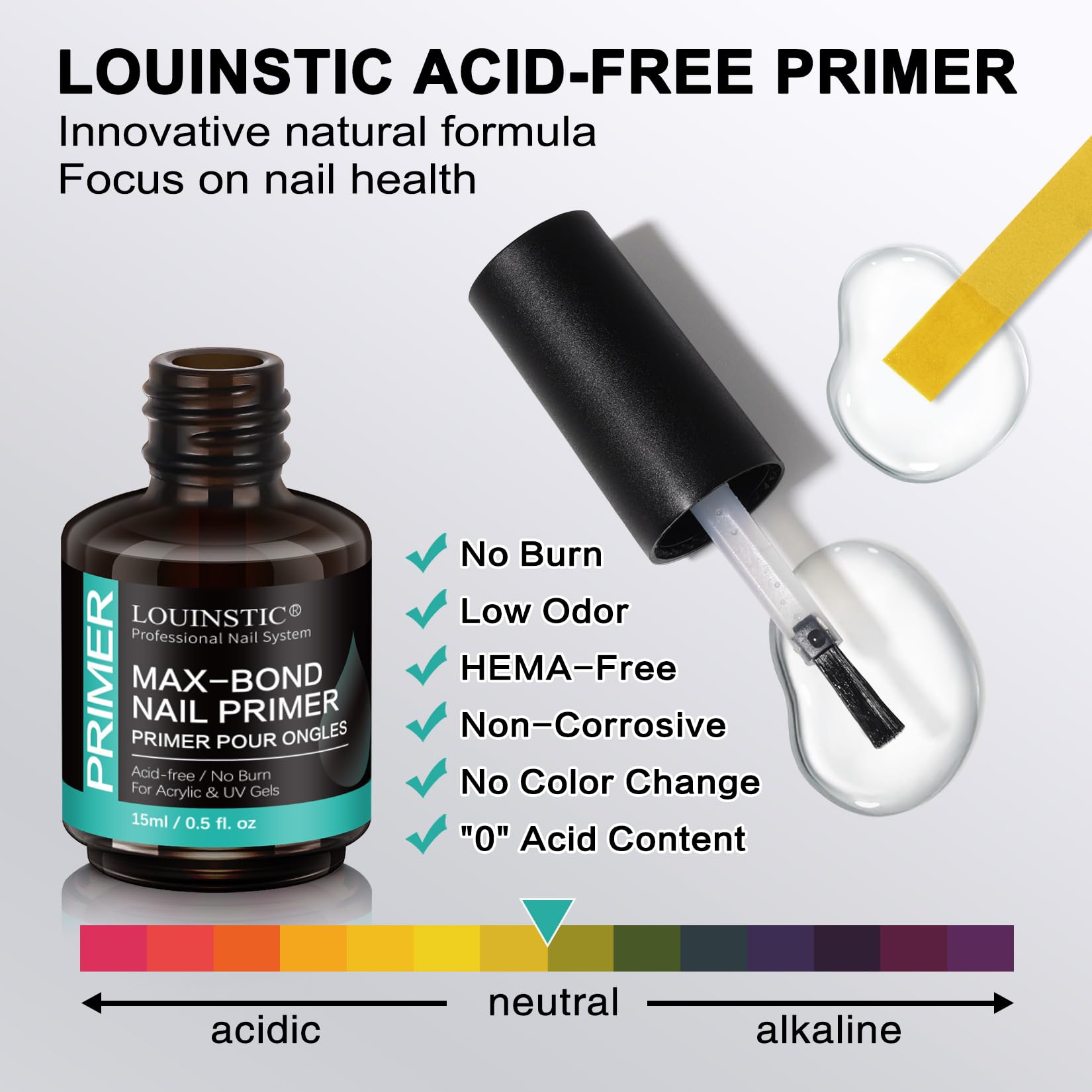 LOUINSTIC acid-free-primer-bottle emphasizing safe, gentle primer