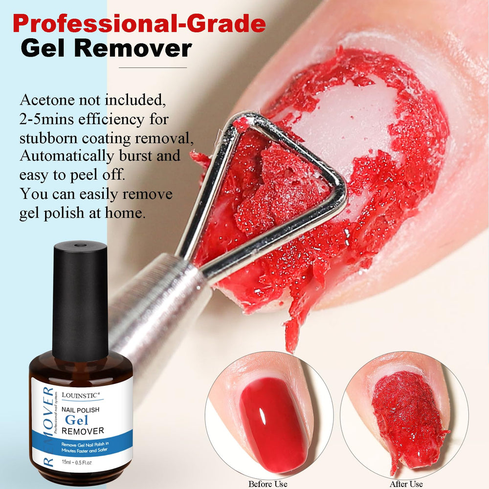 LOUINSTIC application on nail shows gel polish bursting for easy scrape-off.