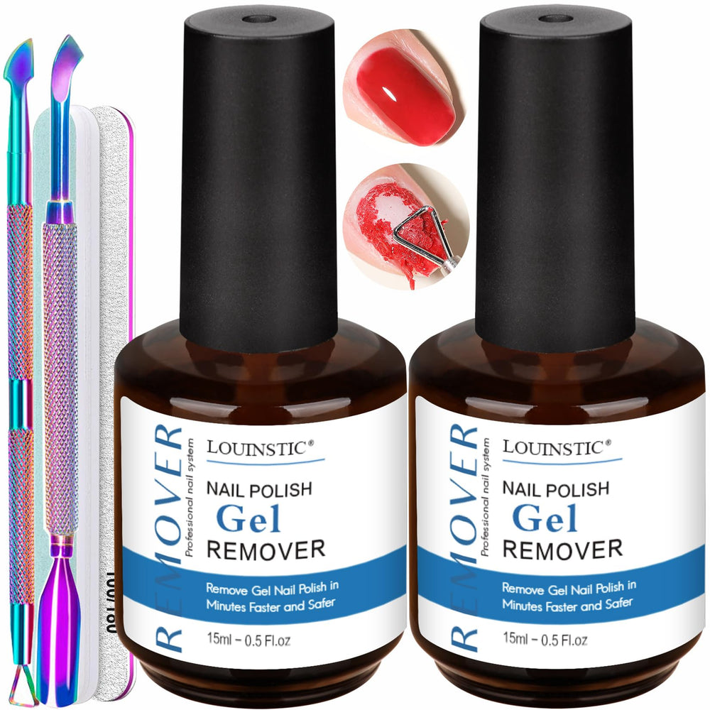 LOUINSTIC Gel Nail Polish Remover Kit bottle closeup shows low-odor formula for home nail care.