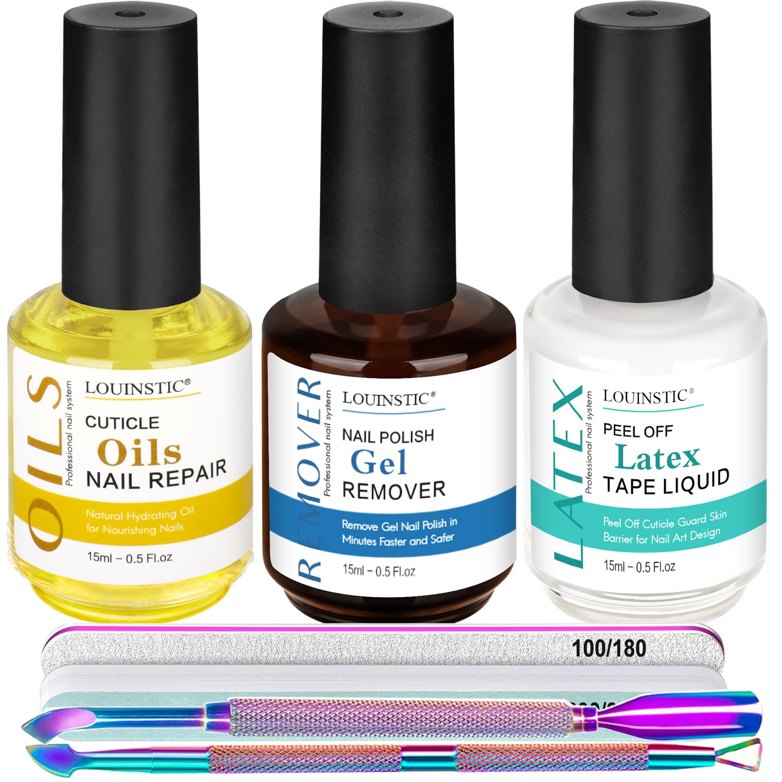 LOUINSTIC Gel Polish Remover bottle shines, enabling quick, non-acetone gel polish removal at home.