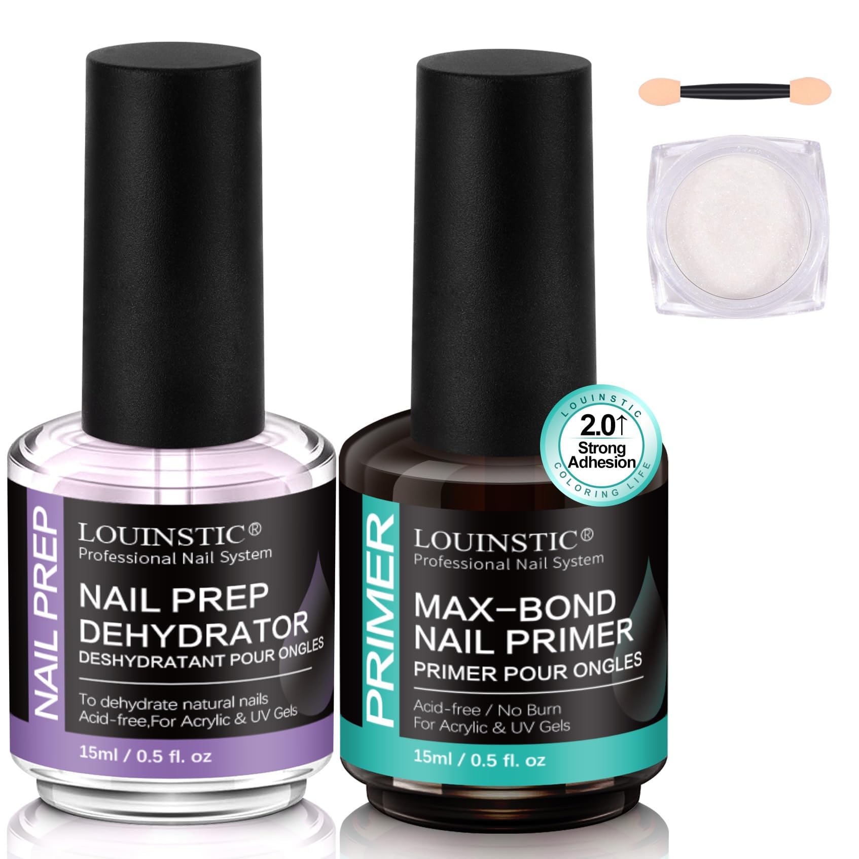 LOUINSTIC nail-dehydrator-bottle showing prep steps for stronger adhesion