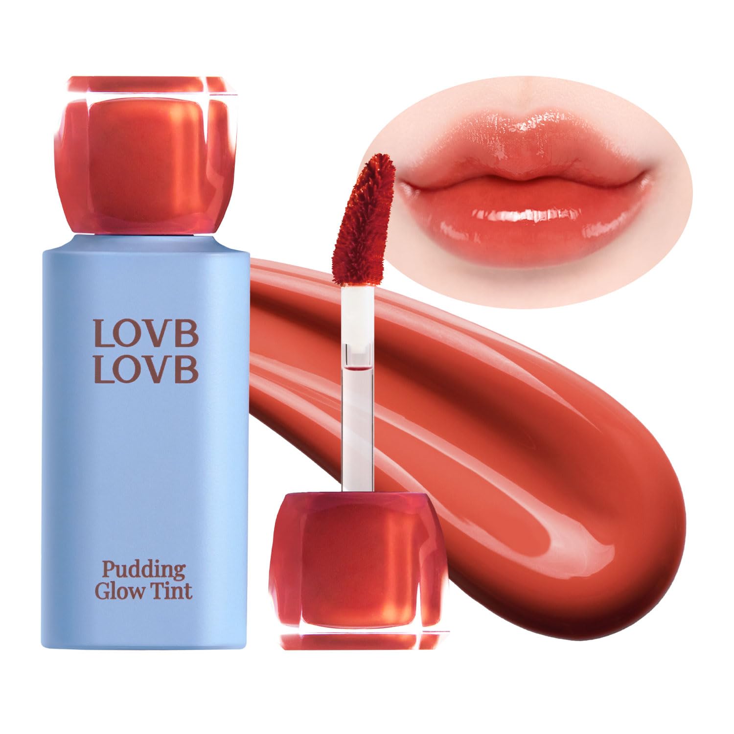 LOVB LOVB Pudding Glow lip tint tube closeup shows glossy color with long-lasting stain.