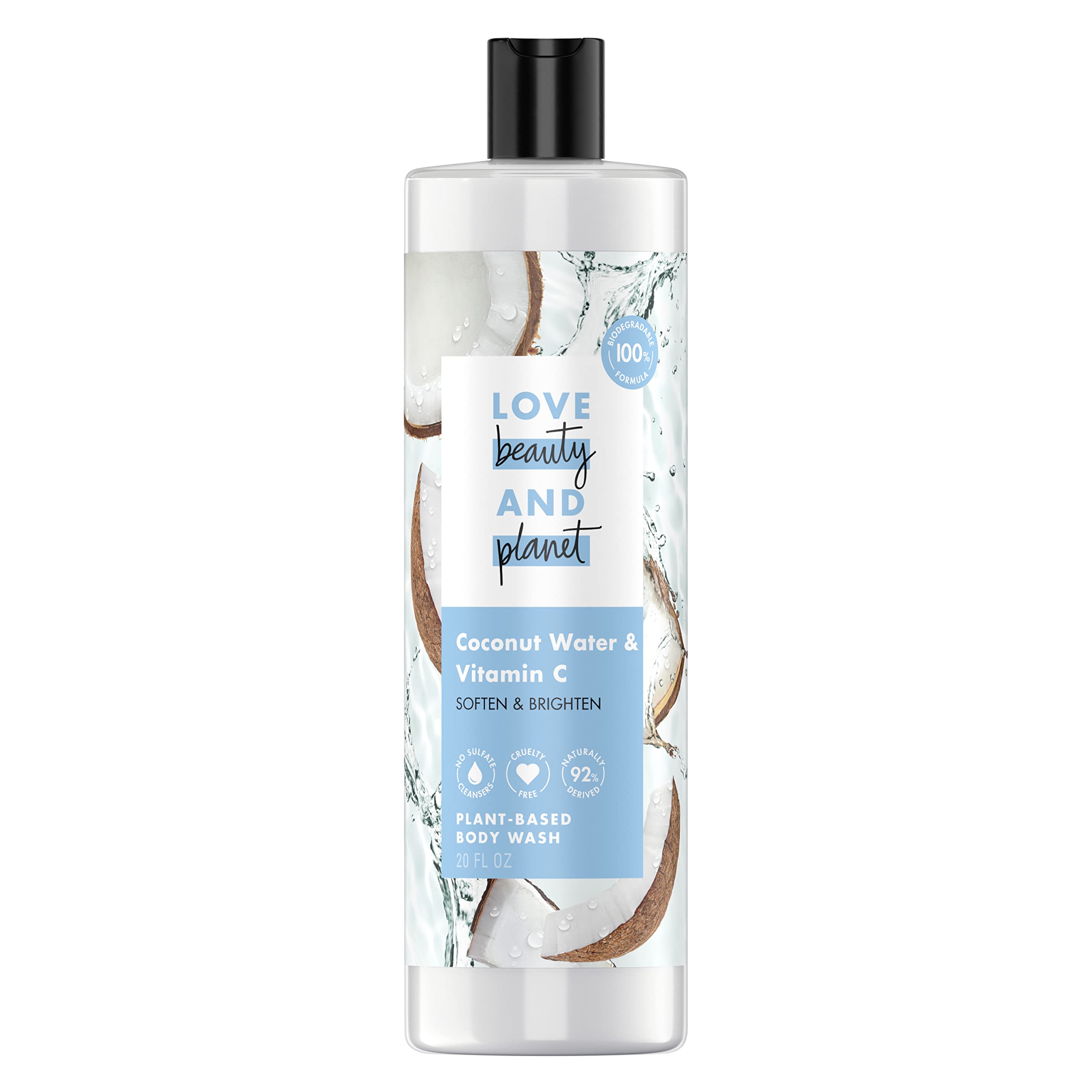 Love Beauty And Planet body wash bottle pouring coconut water for a gentle, refreshing cleanse