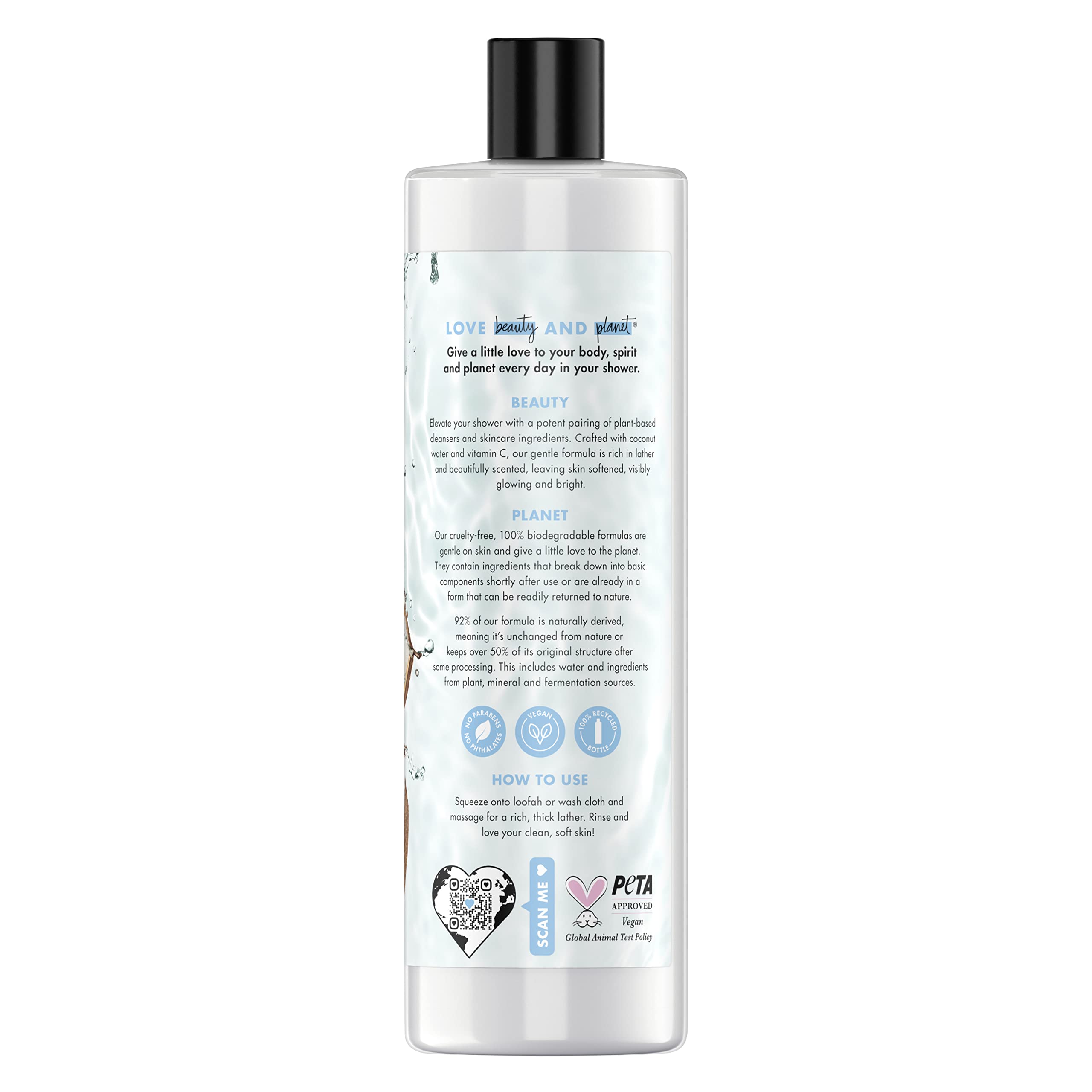 Love Beauty And Planet body wash lather close-up with coconut water and vitamin C for brightness
