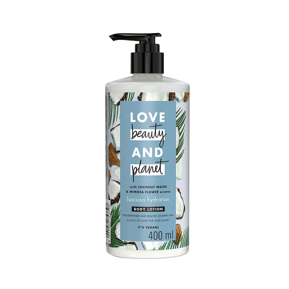 Love Beauty and Planet Luscious Hydration bottle closeup highlighting eco-friendly packaging for hydrated skin