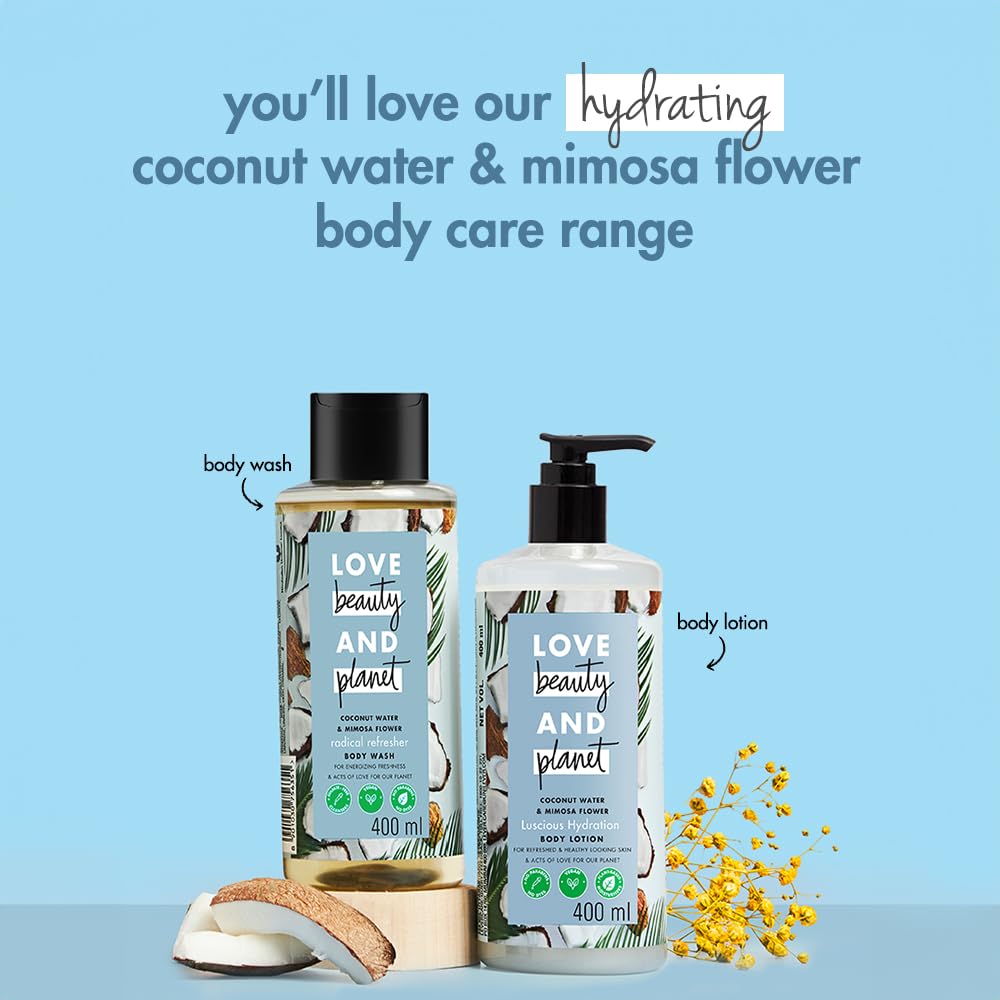 Love Beauty and Planet Luscious Hydration vegan formula label emphasizing plant-based care