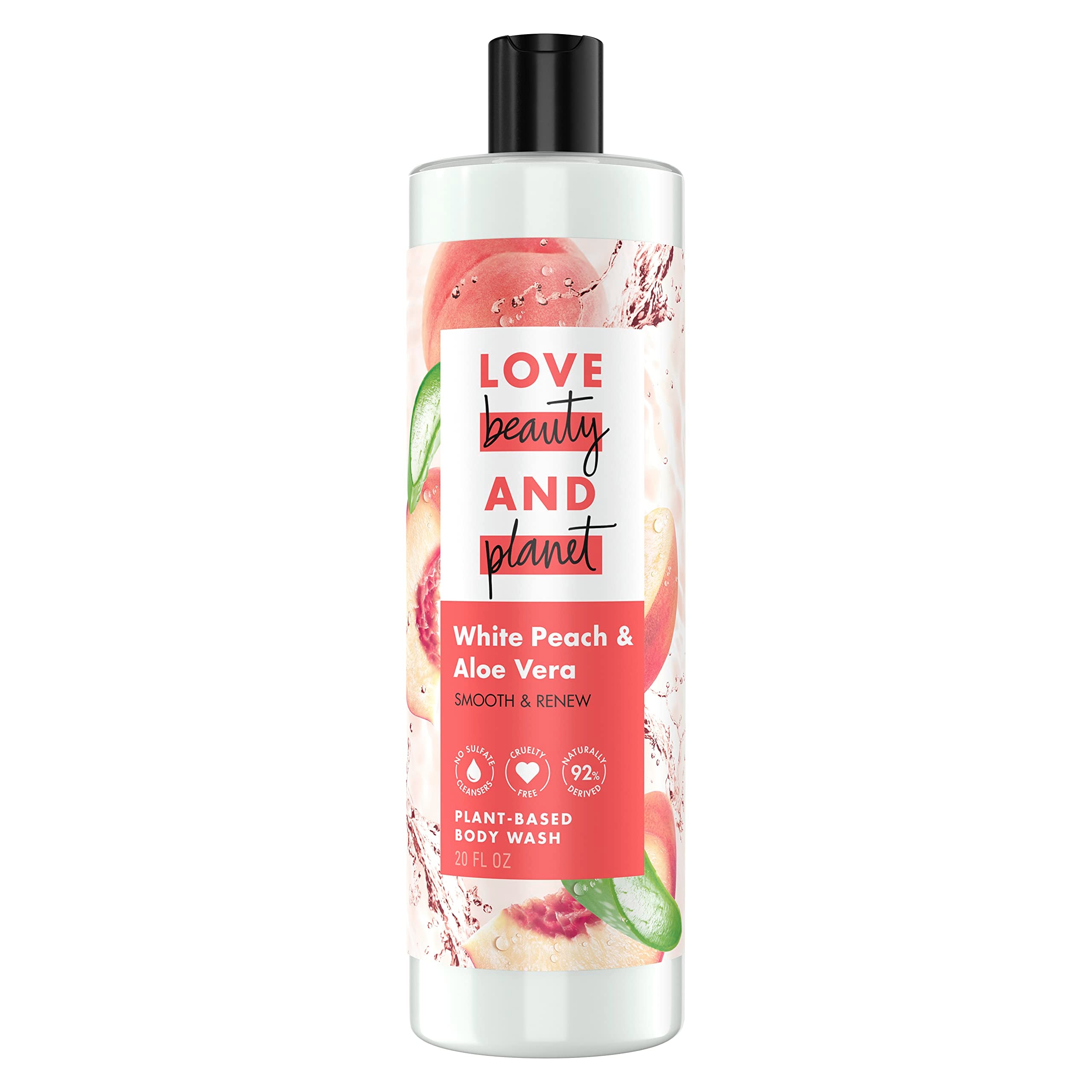 Love Beauty and Planet White Peach Aloe bottle demonstrates gentle plant-based cleansing for soft skin.