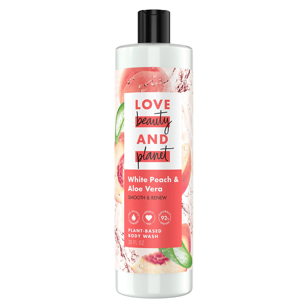 Love Beauty and Planet White Peach Aloe bottle demonstrates gentle plant-based cleansing for soft skin.
