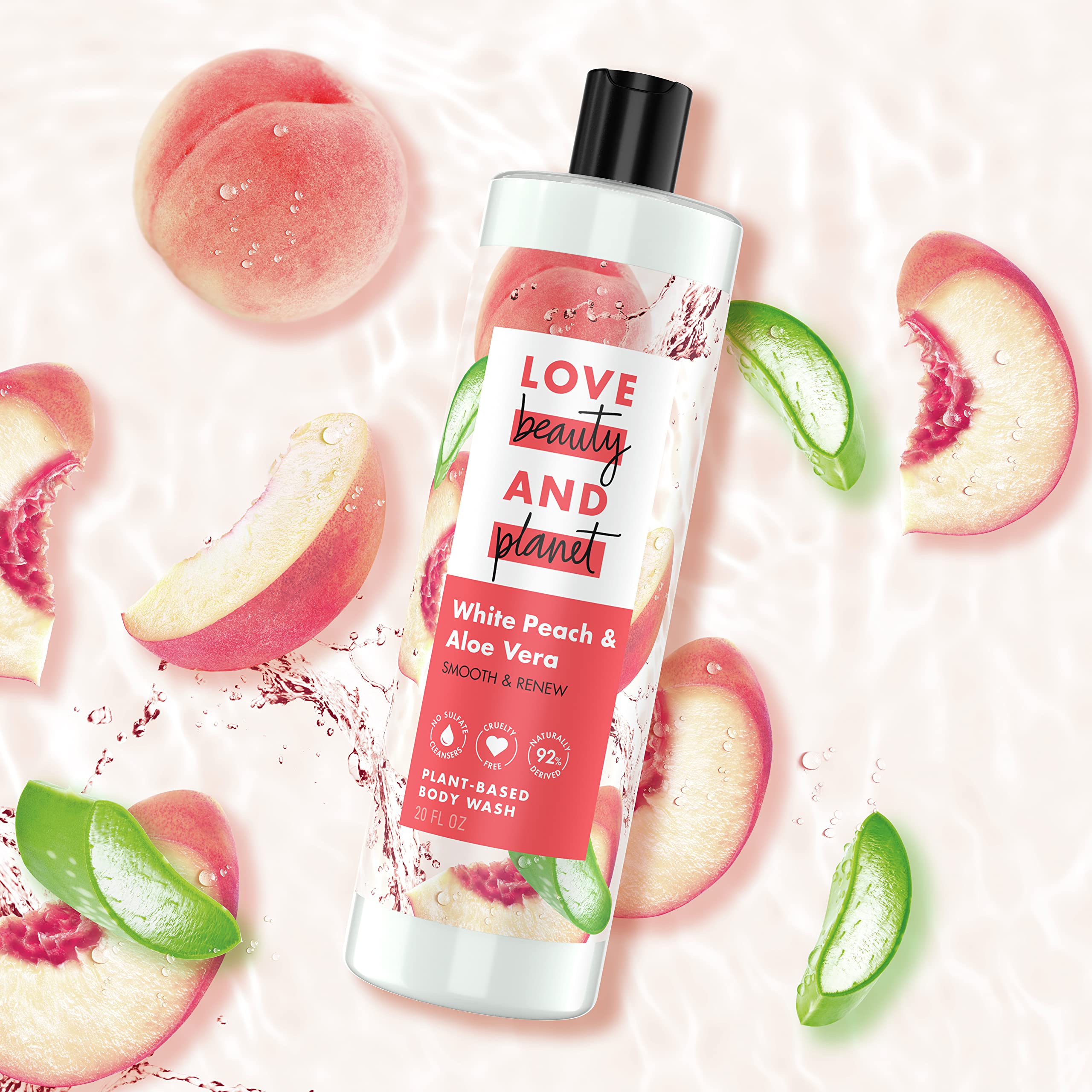 Love Beauty and Planet White Peach Aloe ingredients close-up highlights naturally derived formula.