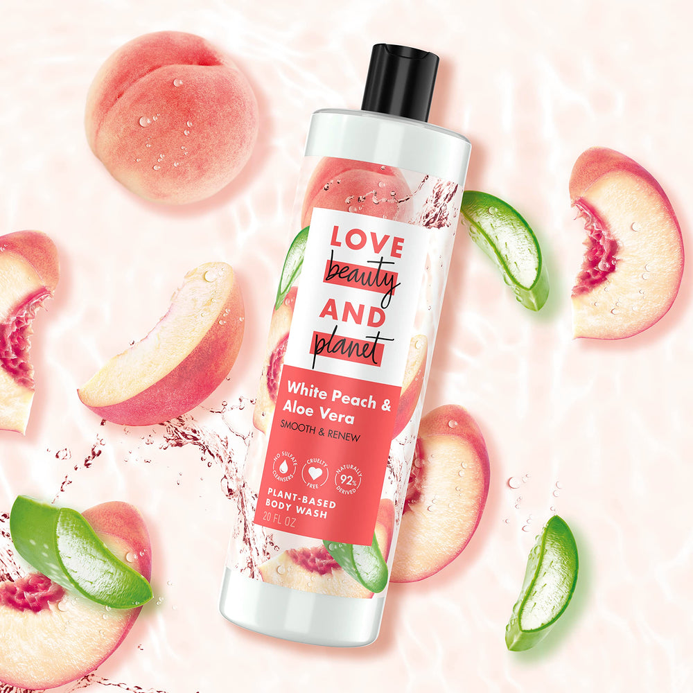 Love Beauty and Planet White Peach Aloe ingredients close-up highlights naturally derived formula.
