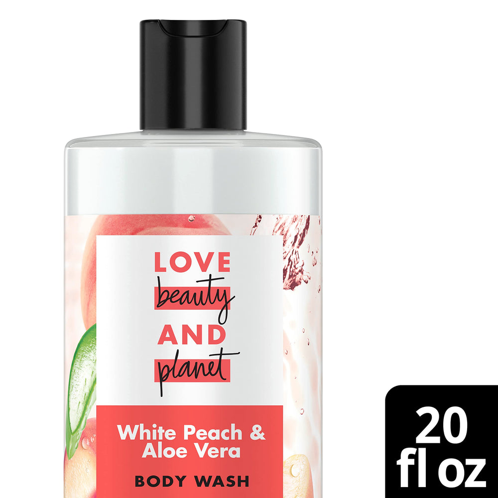 Love Beauty and Planet White Peach Aloe water droplets imply refreshing, hydrating cleanse.