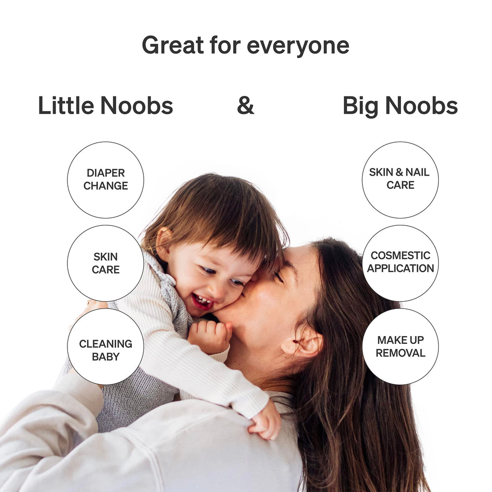 Love Noobs multi-use visuals show makeup removal and bath-time cleaning.