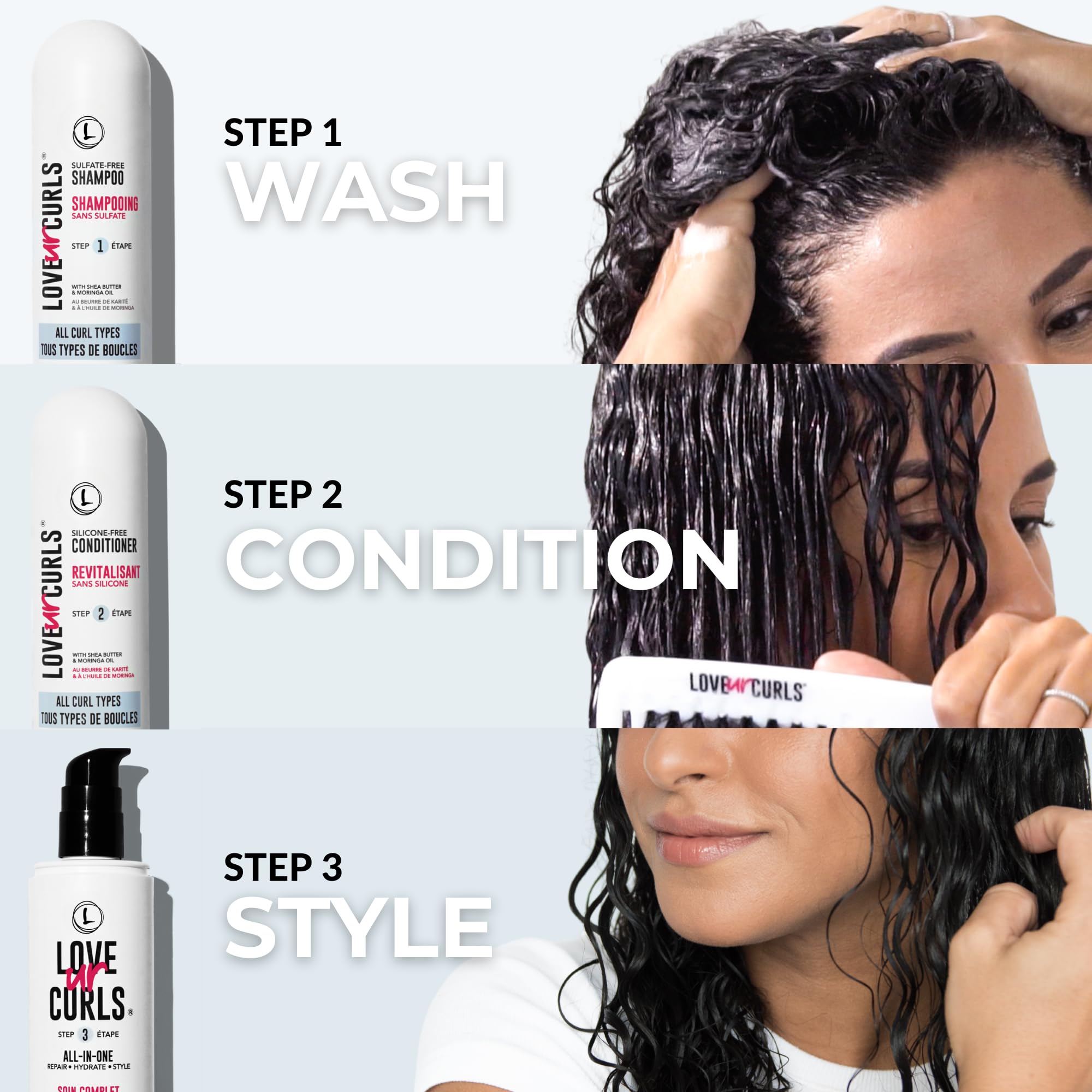 Love Ur Curls 3-step system box highlights fragrance-free vegan cruelty-free care.